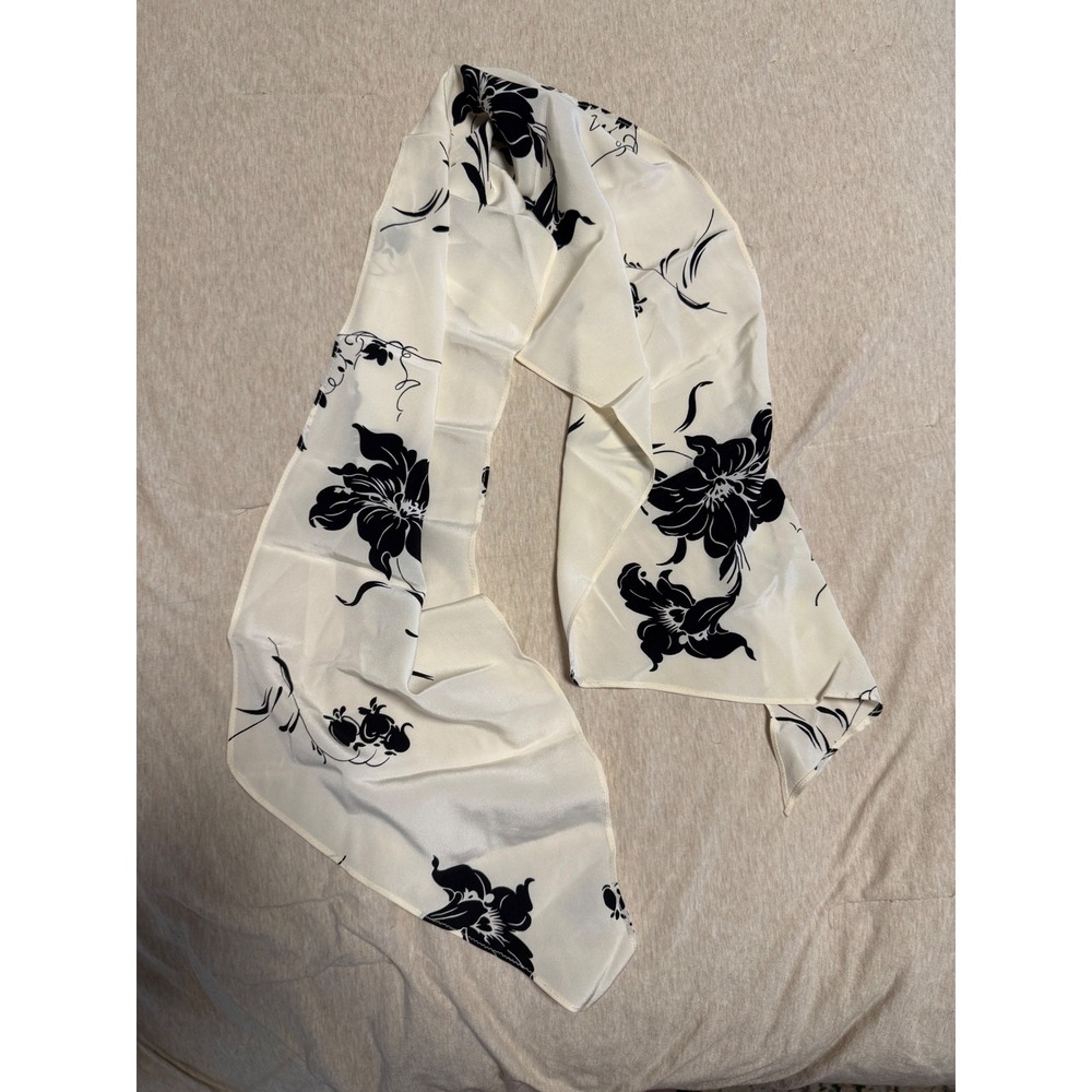 Vintage Polo Ralph Lauren 100% Silk Scarf Ivory Black Floral Print